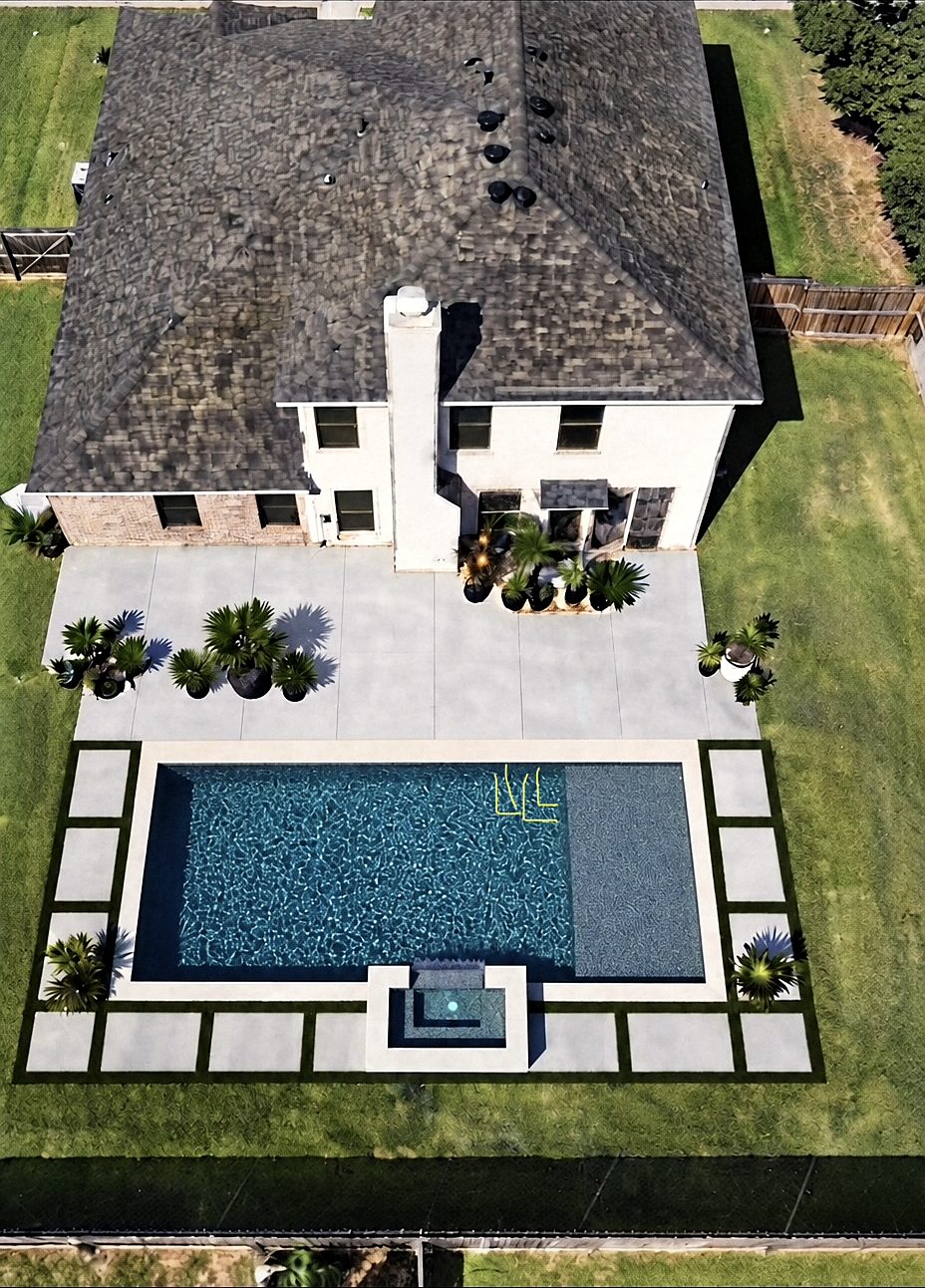 Aerial 3D design rendering of a rectangular pool with spa behind a two-story home