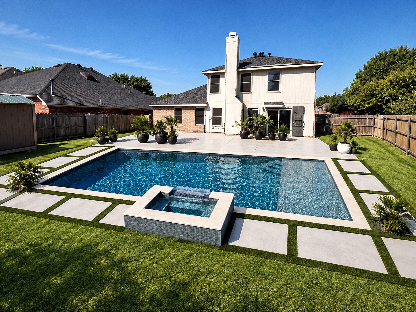 3D design rendering of a rectangular pool with raised spa, white coping and pavers with turf joints