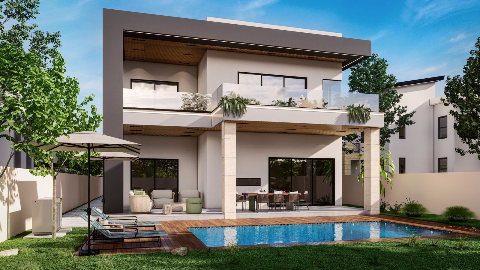 Modern home with a pool set into the lawn โ design inspiration